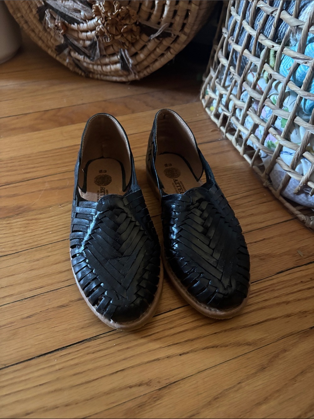 Black Woven Leather Huarache Slip-On Flats